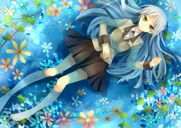 Anime picture 1000x708 with angel beats! key (studio) tachibana kanade otonarisan single long hair yellow eyes white hair lying girl skirt uniform flower (flowers) school uniform miniskirt water socks white socks