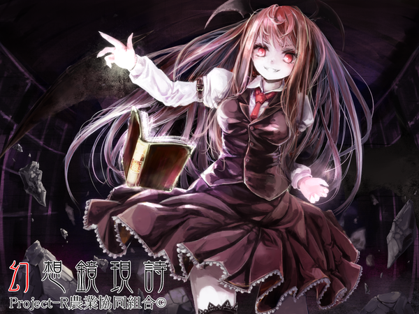Anime picture 1024x768 with touhou koakuma childofa single long hair breasts smile red eyes pink hair pink eyes inscription grin hieroglyph bat wings head wings ruins girl skirt necktie book (books)