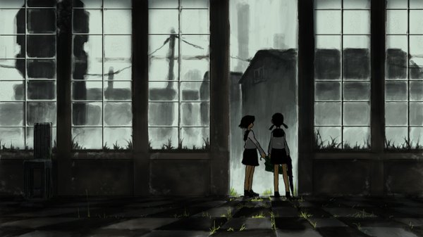 Anime picture 1280x720 with wide image multiple girls landscape checkered girl uniform 2 girls school uniform window house sanyama tarou
