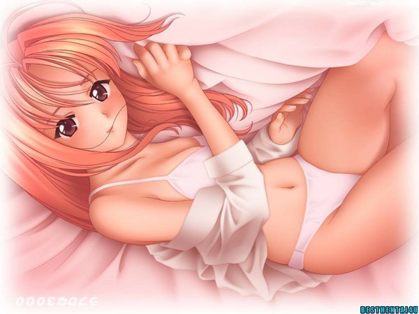 Anime picture 1024x768 with tagme (artist) single long hair looking at viewer light erotic brown eyes orange hair girl navel underwear panties bed