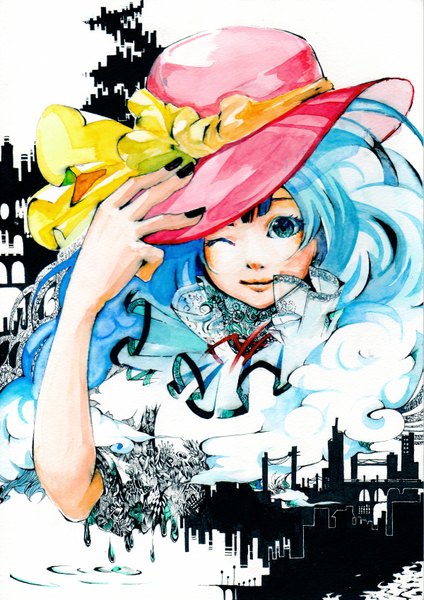 Anime picture 1200x1697 with original atyako single long hair tall image blue hair cloud (clouds) nail polish aqua eyes city abstract girl bow hat water