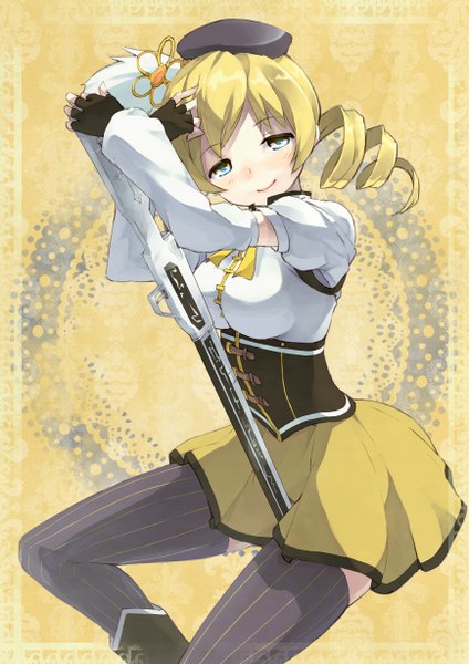 Anime picture 868x1228 with mahou shoujo madoka magica shaft (studio) tomoe mami risou (maeda risou) single tall image looking at viewer blush short hair blonde hair smile twintails yellow eyes low twintails drill hair underbust girl thighhighs gloves weapon