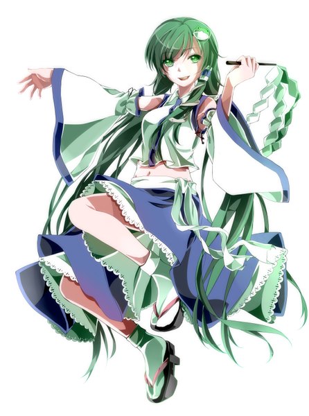 Anime picture 1200x1613 with touhou kochiya sanae asuku (69-1-31) long hair tall image open mouth simple background white background green eyes green hair miko girl hair ornament detached sleeves hair tubes gohei