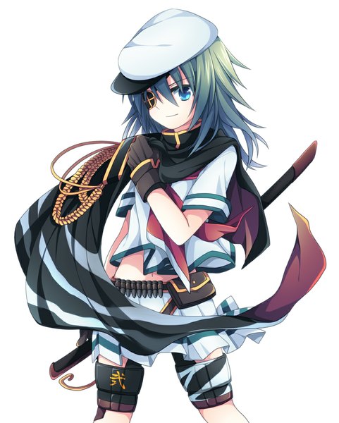 Anime picture 881x1099 with kantai collection kiso light cruiser soranagi single long hair tall image blue eyes simple background smile white background looking away green hair girl gloves uniform hairband beret military uniform sailor suit fanny pack