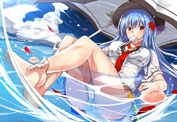 Anime picture 1000x692 with touhou hinanawi tenshi neropaso single long hair looking at viewer blush light erotic red eyes blue hair sky cloud (clouds) barefoot hair flower wet clothes wet shirt girl hair ornament underwear panties