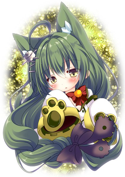 Anime picture 595x842 with azur lane akashi (azur lane) hikanyan single long hair tall image blush fringe hair between eyes animal ears yellow eyes looking away upper body ahoge braid (braids) green hair single braid sleeves past wrists girl bow