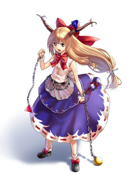 Anime picture 700x988 with touhou ibuki suika takemori shintarou single long hair tall image fringe simple background blonde hair standing white background brown eyes full body horn (horns) from above sleeveless low ponytail girl bow hair bow
