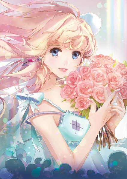 Anime picture 707x1000 with macross macross frontier sheryl nome rojo (artist) single long hair tall image looking at viewer breasts blue eyes blonde hair smile holding nail polish fingernails lips alternate costume girl flower (flowers) bow