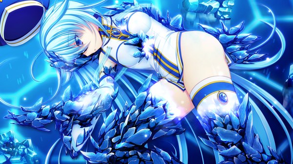 Anime picture 1280x720 with re:birth colony azurite asami asami long hair blue eyes wide image blue hair game cg girl thighhighs white thighhighs crystal