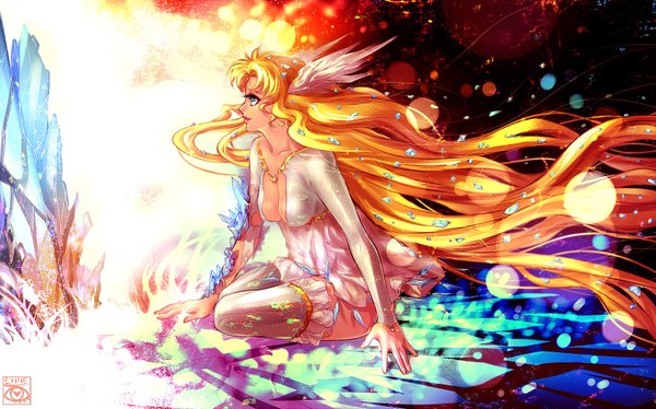 Anime picture 1600x998 with bishoujo senshi sailor moon toei animation tsukino usagi sailor moon e-x-p-i-e single long hair blue eyes blonde hair wide image sitting signed cleavage very long hair profile light smile wind alternate costume lipstick head wings