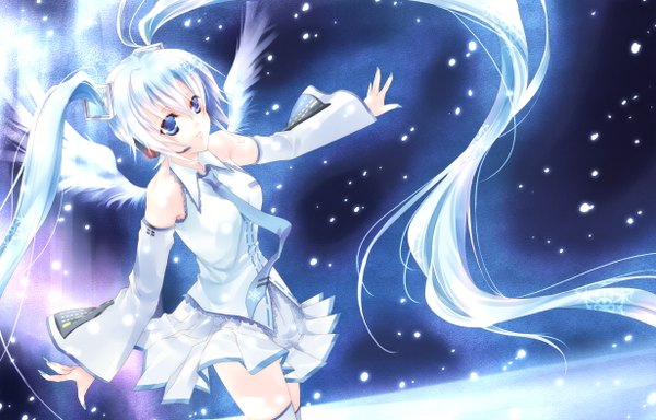 Anime picture 2457x1575 with vocaloid hatsune miku yuki miku yuki miku (2010) kurumi moka highres blue eyes twintails blue hair very long hair spread arms girl detached sleeves wings headphones