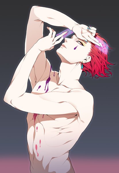 Anime picture 933x1352 with hunter x hunter hisoka (hunter x hunter) takase (harakiri) single tall image looking at viewer short hair light erotic simple background yellow eyes pink hair nail polish grey background topless hand on head face paint shirtless boy card (cards) paint