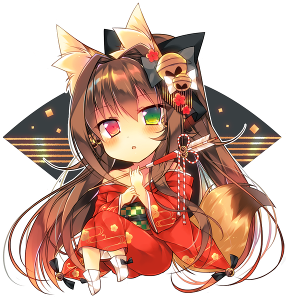 Anime picture 886x930 with original monaka natsume single long hair tall image fringe simple background hair between eyes red eyes brown hair white background bare shoulders green eyes animal ears looking away full body bent knee (knees) ponytail tail traditional clothes