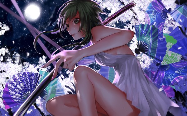 Anime picture 1500x937 with vocaloid gumi tcb (pixiv) single short hair wide image bare shoulders green eyes green hair night tears girl dress weapon petals sword katana moon sundress fan