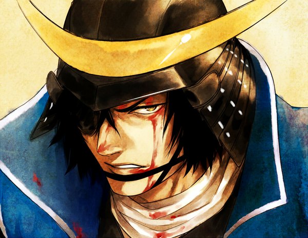 Anime picture 1166x900 with sengoku basara production i.g date masamune sakaguchi single short hair black hair yellow eyes close-up crescent boy armor blood eyepatch helmet