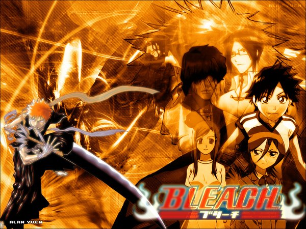 Anime picture 1024x768 with bleach studio pierrot kurosaki ichigo kuchiki rukia inoue orihime ishida uryuu sado yasutora zangetsu arisawa tatsuki short hair multiple girls multiple boys copyright name third-party edit hair over eyes polychromatic girl boy weapon 2 girls