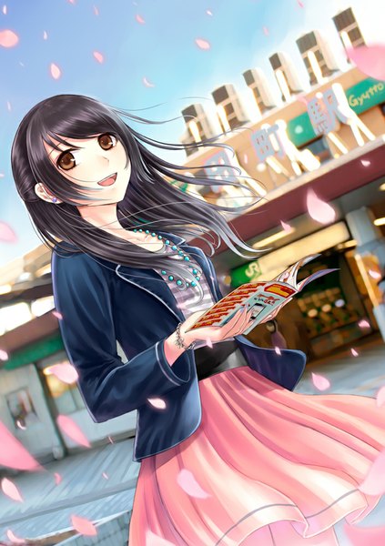 Anime picture 705x1000 with original kazuharu kina single long hair tall image open mouth black hair brown eyes looking away half updo girl dress petals jacket