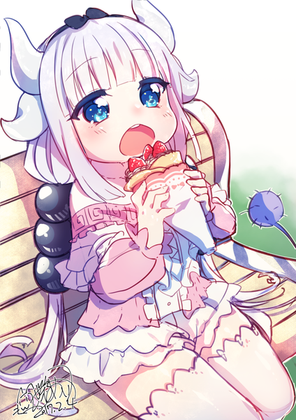 Anime picture 1240x1754 with kobayashi-san chi no maidragon kyoto animation kanna kamui debi (akuma) single long hair tall image fringe open mouth blue eyes sitting twintails holding signed looking away silver hair blunt bangs horn (horns) loli dated