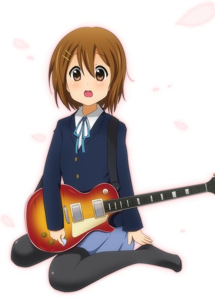 Anime picture 2507x3541 with k-on! kyoto animation hirasawa yui single tall image looking at viewer blush highres short hair open mouth smile brown hair sitting brown eyes girl skirt uniform hair ornament ribbon (ribbons) school uniform