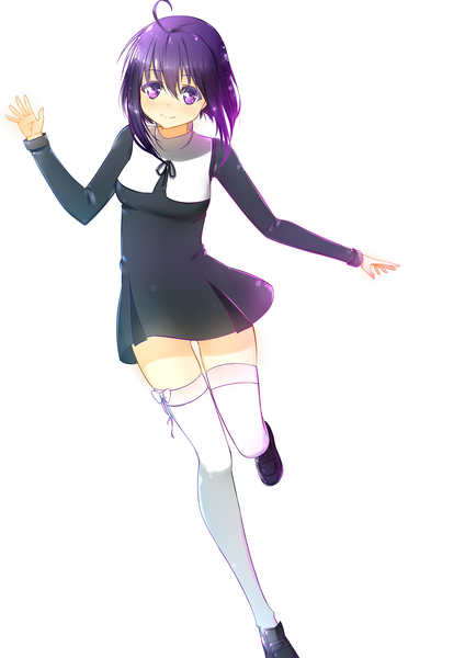 Anime picture 1447x2046 with mahou sensei negima! miyazaki nodoka vahn yourdoom single tall image looking at viewer blush fringe short hair breasts simple background smile hair between eyes white background purple eyes purple hair ahoge thighs thigh gap spread arms