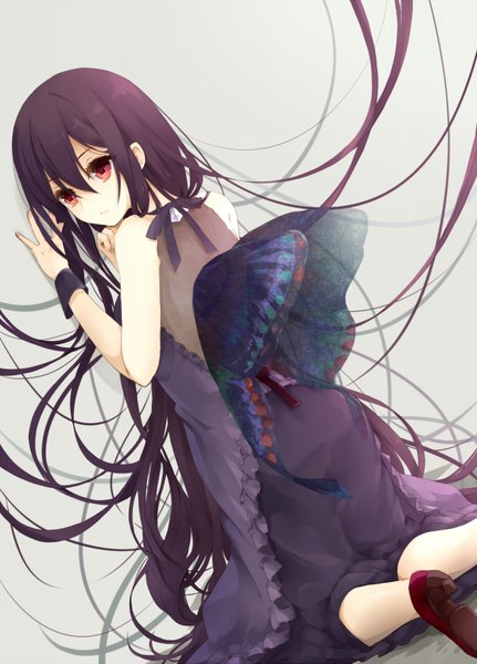 Anime picture 1200x1670 with original puracotte single long hair tall image red eyes bare shoulders purple hair kneeling turning head insect wings butterfly wings girl dress wings wall