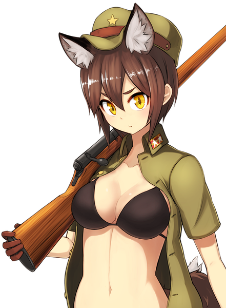 Anime picture 800x1089 with original nosuku single tall image looking at viewer short hair breasts light erotic simple background brown hair white background animal ears yellow eyes tail animal tail open clothes open jacket fox ears fox tail girl