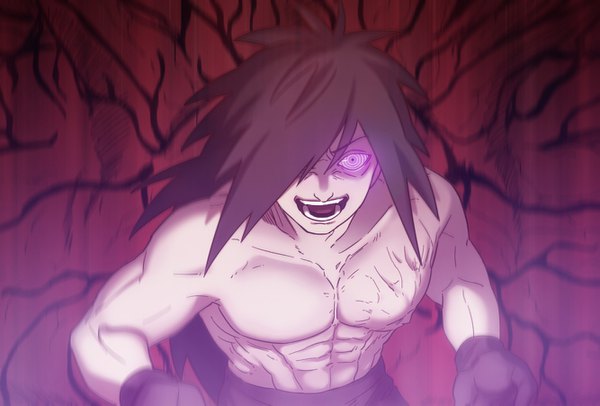 Anime picture 1333x902 with naruto studio pierrot naruto (series) uchiha madara anvmadara single long hair looking at viewer fringe open mouth purple eyes upper body blurry hair over one eye teeth glowing topless glowing eye (eyes) red background muscle