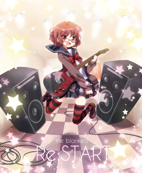 Anime picture 1014x1230 with original ech single tall image looking at viewer short hair open mouth smile brown hair orange eyes jumping girl thighhighs skirt uniform school uniform glasses shoes star (symbol) striped thighhighs