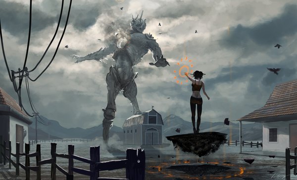 Anime picture 2000x1216 with original du1l single highres short hair wide image standing bare shoulders realistic back city mountain landscape battle girl animal water window bird (birds) wire (wires)