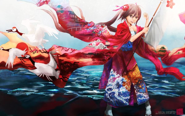 Anime picture 7680x4800 with original shigemitsubaki long hair highres open mouth brown hair wide image twintails brown eyes absurdres traditional clothes japanese clothes hair flower light smile insect wings butterfly wings girl hair ornament ribbon (ribbons) hair ribbon