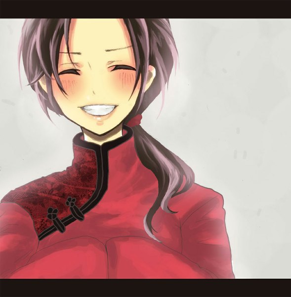 Anime picture 1024x1044 with axis powers hetalia studio deen china (hetalia) kokono@kyuu koko single long hair tall image blush black hair smile ponytail eyes closed chinese clothes hands in sleeves boy chinese dress