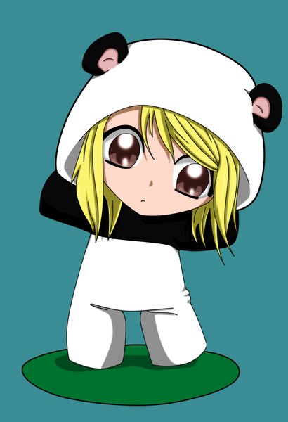 Anime picture 1000x1463 with fairy tail lucy heartfilia flowerinhell single tall image fringe simple background blonde hair brown eyes chibi girl plant (plants) animal grass suit animal costume panda panda costume