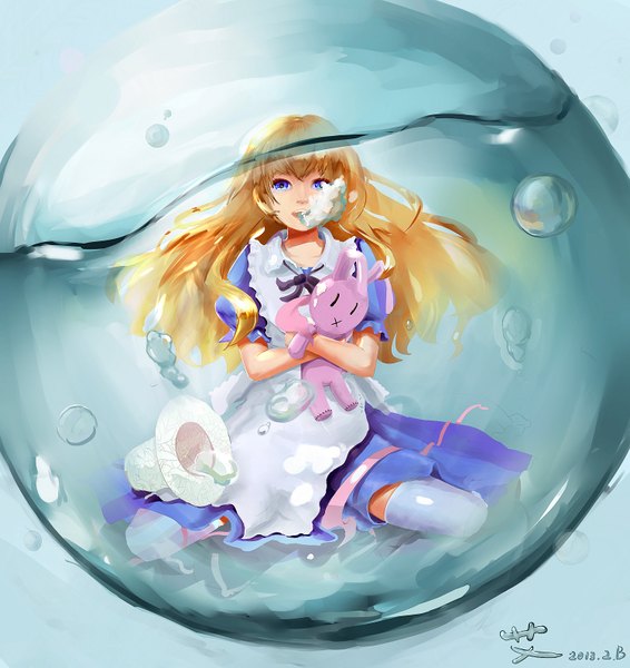 Anime picture 1500x1591 with alice in wonderland alice (wonderland) kiyomasa ren single long hair tall image looking at viewer open mouth blue eyes blonde hair girl thighhighs dress white thighhighs bubble (bubbles)