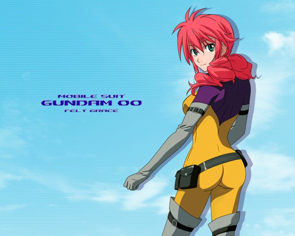Anime picture 1280x1024 with mobile suit gundam mobile suit gundam 00 sunrise (studio) felt grace single long hair looking at viewer fringe hair between eyes standing green eyes sky cloud (clouds) ahoge ass red hair looking back from behind shadow copyright name