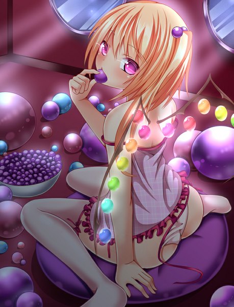 Anime picture 650x850 with touhou flandre scarlet roro (sghona10) single tall image looking at viewer blush short hair light erotic blonde hair sitting purple eyes bare shoulders ass indoors from behind alternate costume side ponytail glowing wariza