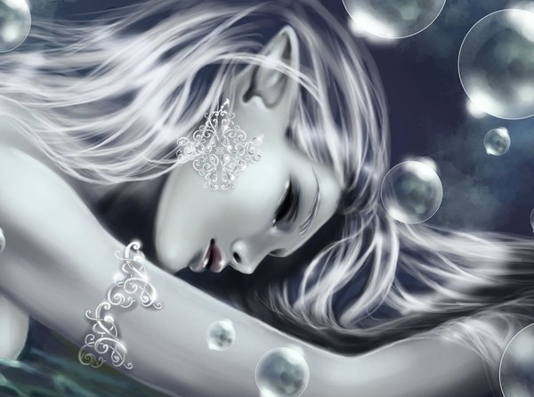 Anime picture 2050x1526 with original syrkell single long hair highres silver hair lying eyes closed profile pointy ears dark background pale skin girl earrings bracelet jewelry bubble (bubbles) ball