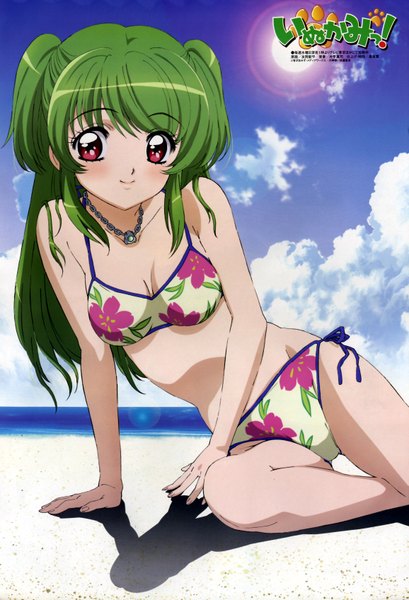 Anime picture 2310x3390 with inukami megami magazine youko (inukami) tomooka shinpei single long hair tall image looking at viewer blush highres red eyes sitting cloud (clouds) green hair scan arm support official art shadow two side up beach