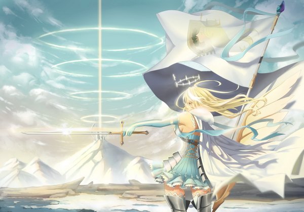Anime picture 1300x907 with original catcan single long hair blonde hair brown eyes sky cloud (clouds) profile girl dress gloves weapon sword elbow gloves flag