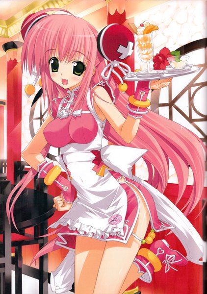 Anime picture 7952x11309 with fujima takuya single long hair tall image blush highres open mouth green eyes pink hair absurdres waitress incredibly absurdres girl apron