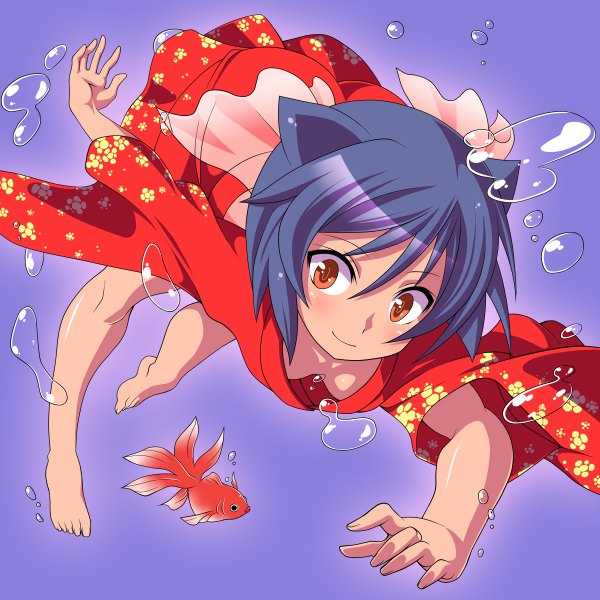 Anime picture 1200x1200 with original orochi itto short hair red eyes animal ears blue hair japanese clothes girl underwear kimono bubble (bubbles) fish (fishes)