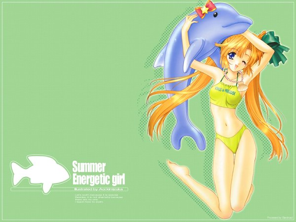 Anime picture 1024x768 with kimizuka aoi long hair open mouth blue eyes blonde hair twintails one eye closed barefoot wink armpit (armpits) wallpaper ;d ranguage engrish swimsuit bikini jewelry necklace inflatable toy inflatable dolphin