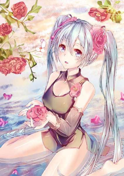 Anime picture 2894x4093 with vocaloid hatsune miku yamika (azuma119) single tall image blush fringe highres breasts open mouth blue eyes light erotic hair between eyes sitting twintails bare shoulders looking away cleavage very long hair barefoot