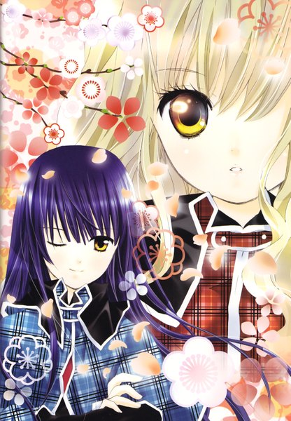 Anime picture 4841x6984 with shugo chara! mashiro rima fujisaki nagihiko long hair tall image highres blonde hair brown eyes yellow eyes absurdres purple hair one eye closed wink crossed arms girl boy uniform flower (flowers) plant (plants) school uniform