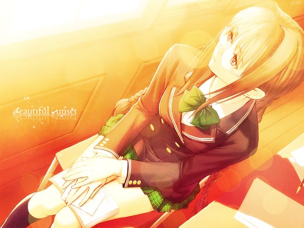 Anime picture 1600x1200 with shining (series) shining wind hiruda reia tony taka single long hair fringe blonde hair sitting payot looking away braid (braids) inscription twin braids evening plaid skirt sunset hand on knee double buttons girl