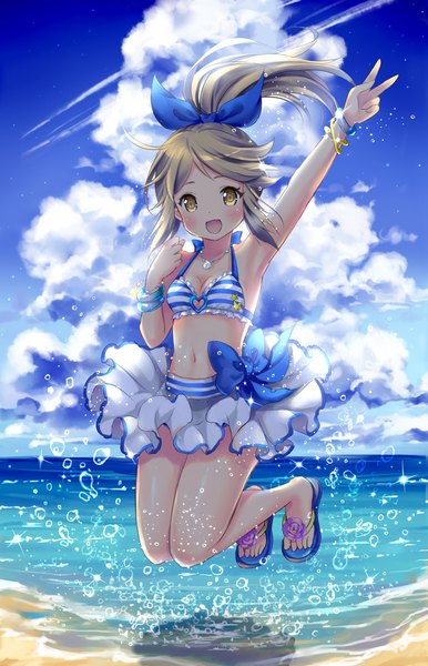 Anime picture 627x973 with original wataame27 single long hair tall image looking at viewer blush open mouth brown eyes sky cloud (clouds) bent knee (knees) ponytail grey hair outstretched arm victory jumping girl bow swimsuit