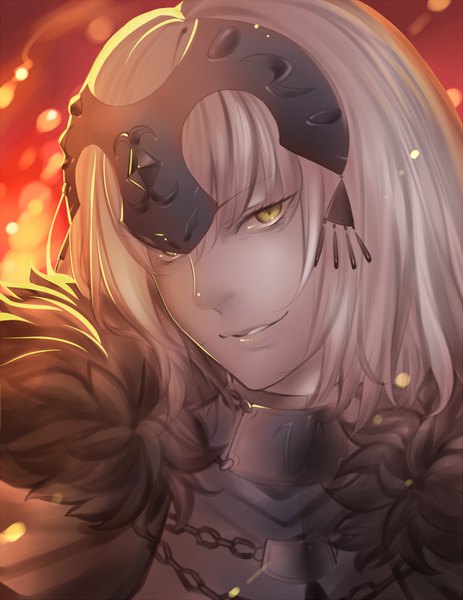 Anime picture 750x970 with fate (series) fate/grand order jeanne d'arc (fate) (all) jeanne d'arc alter (fate) nashoki single tall image fringe short hair blonde hair smile hair between eyes yellow eyes looking away fur trim portrait smirk girl headdress armor