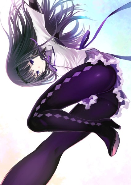Anime picture 850x1200 with mahou shoujo madoka magica shaft (studio) akemi homura bosshi single long hair tall image looking at viewer light erotic black hair purple eyes ass from below high heels legs spread arms magical girl girl skirt underwear