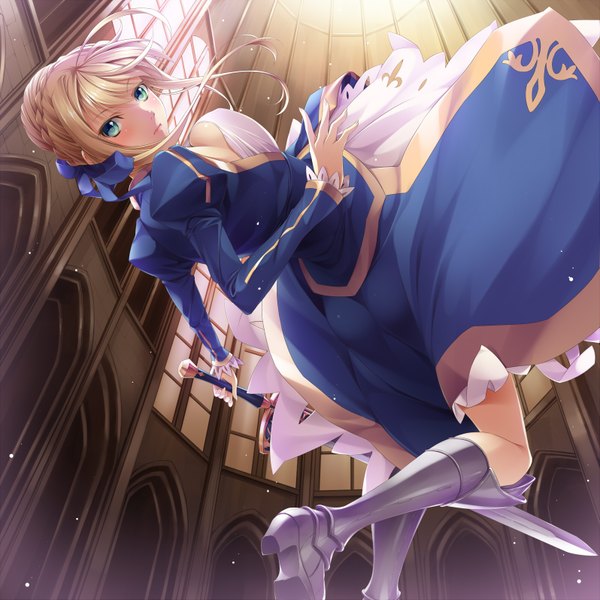 Anime picture 1595x1595 with fate (series) fate/stay night studio deen type-moon artoria pendragon (all) saber mukunokino isshiki single short hair light erotic blonde hair green eyes looking back girl dress weapon sword boots excalibur
