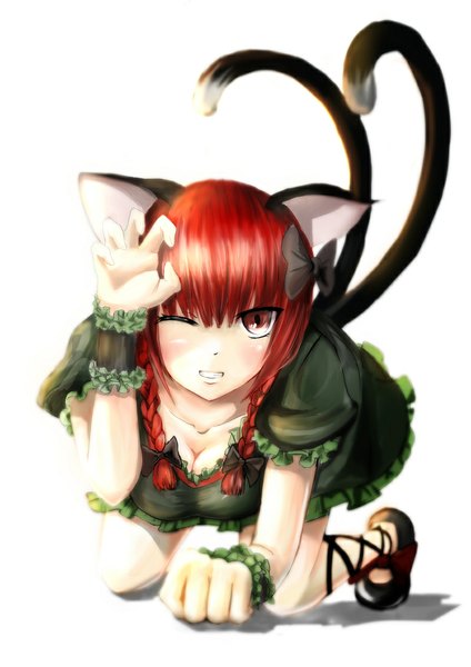 Anime picture 800x1131 with touhou kaenbyou rin dusk (artist) single long hair tall image blush simple background red eyes white background animal ears red hair tail animal tail one eye closed wink cat ears cat girl cat tail girl