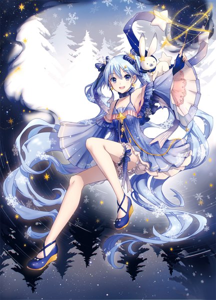 Anime picture 906x1258 with vocaloid star night snow (vocaloid) hatsune miku yuki miku rabbit yukine yuki miku (2017) ixima single tall image looking at viewer open mouth blue eyes smile twintails bare shoulders blue hair full body outdoors very long hair :d